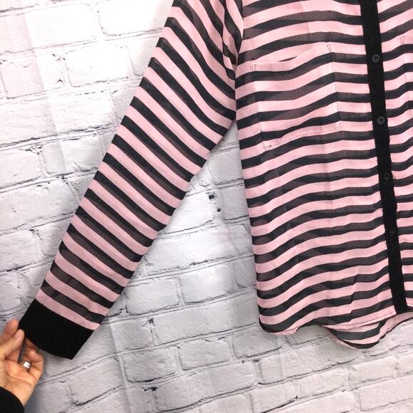 Monteau Sheer Sailor Stripe Collared Lightweight Button Down Front Pocket Top L - Picture 5 of 12